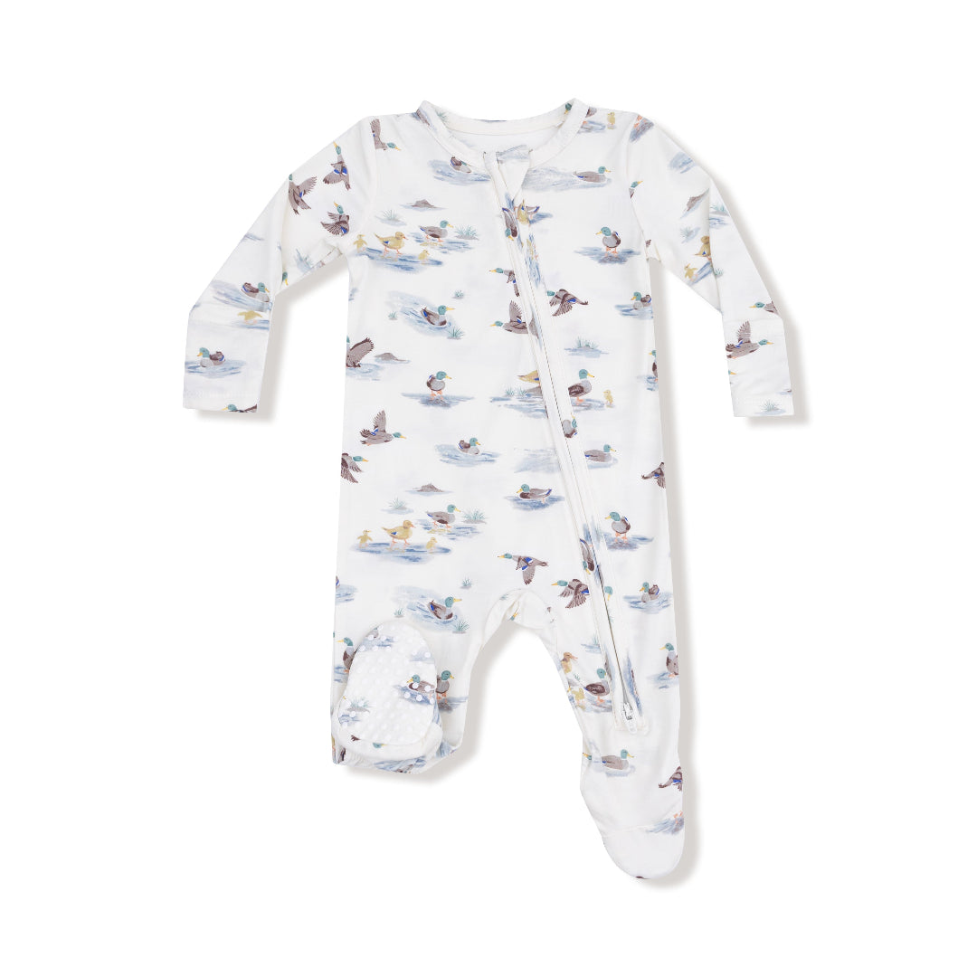  Front view of a baby footie with mallard duck print, zipper closure, and gripped footie bottoms

