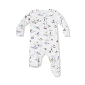 Front view of a baby footie with mallard duck print, zipper closure, and gripped footie bottoms

