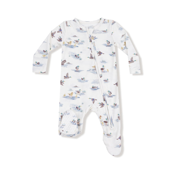  Front view of a baby footie with mallard duck print, zipper closure, and gripped footie bottoms

