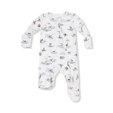  Front view of a baby footie with mallard duck print, zipper closure, and gripped footie bottoms

