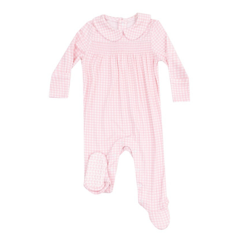 pink and white gingham footie with smocking at the top and a rounded collar. 