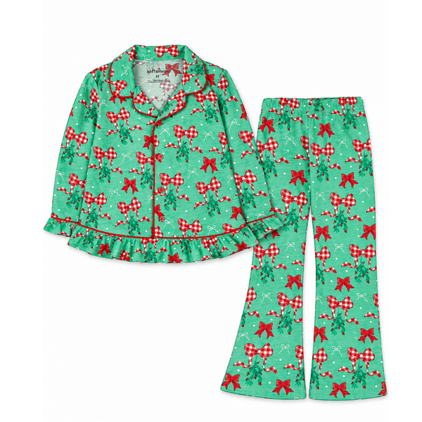 Girls green Christmas pajama set with red bows, gingham ribbon, and mistletoe print, featuring a button-up top and matching pants.