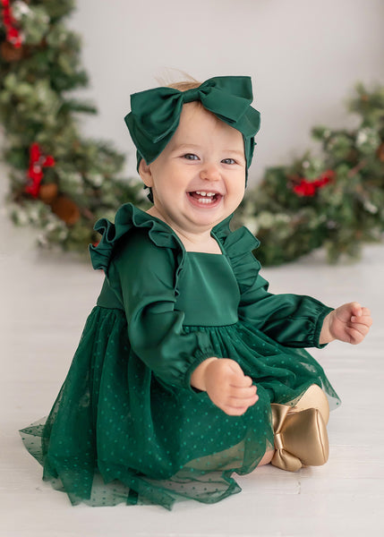 live photo of green mistletoe dress. hairbow not included