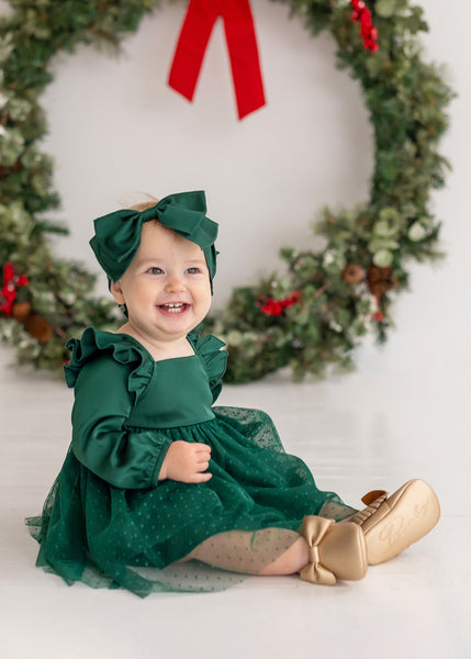 live photo of green mistletoe dress. hairbow not included