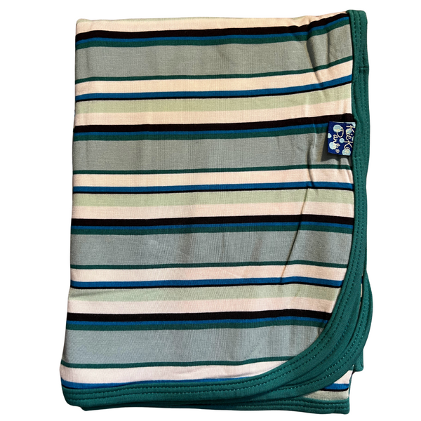 bamboo swaddle blanket striped with blues and greens with cream and dark green trim