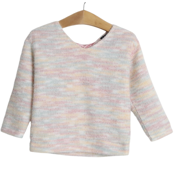 Girls pastel rainbow knit sweater with long sleeves and soft lightweight texture on hanger