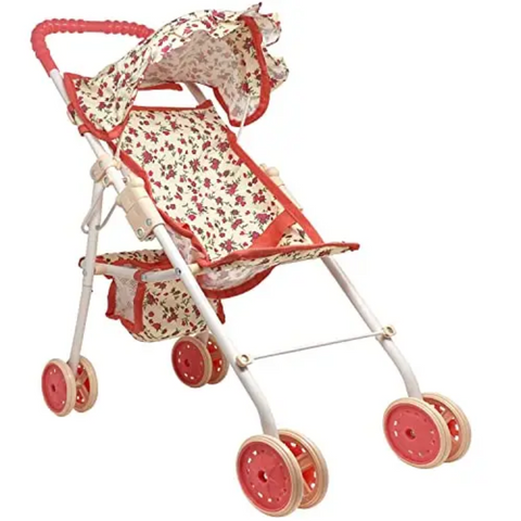 Floral baby doll stroller with coral trim and double wheels, shown in open position with canopy and under-seat storage basket.