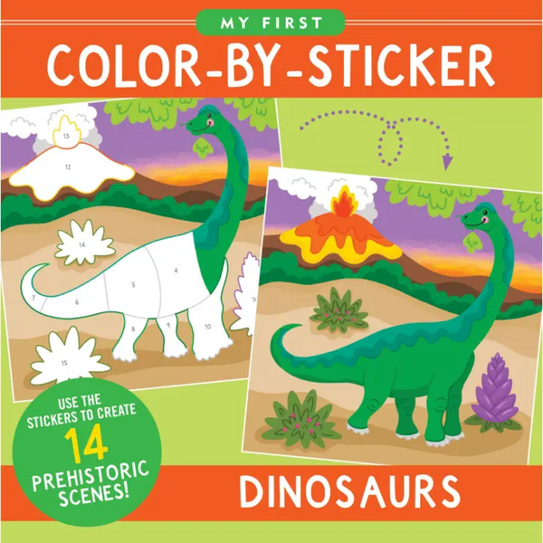  A green dinosaur with a long neck is being colored in with stickers. The image shows a before and after of the dinosaur.