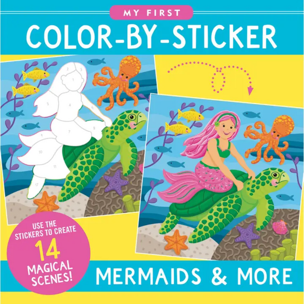 A mermaid with pink hair is riding a green sea turtle. The image shows a before and after of the mermaid and turtle.