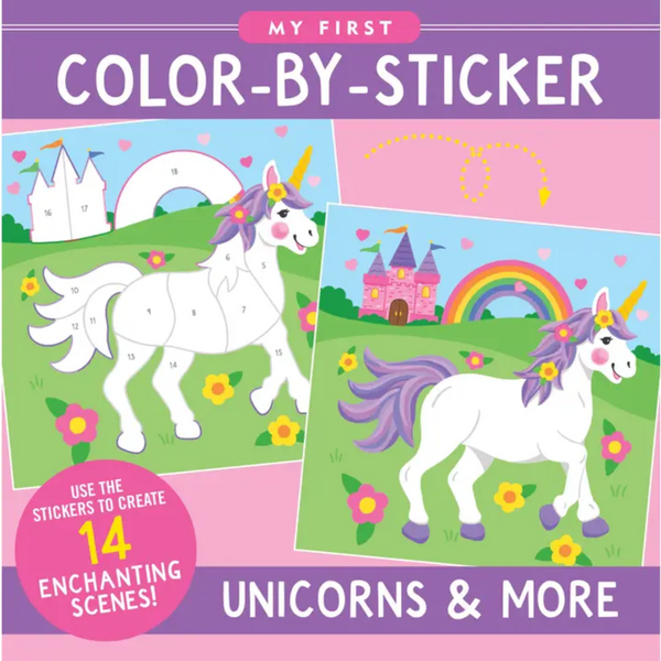 A unicorn with a purple mane is standing in a field with a rainbow and a castle. The image shows a before and after of the unicorn.