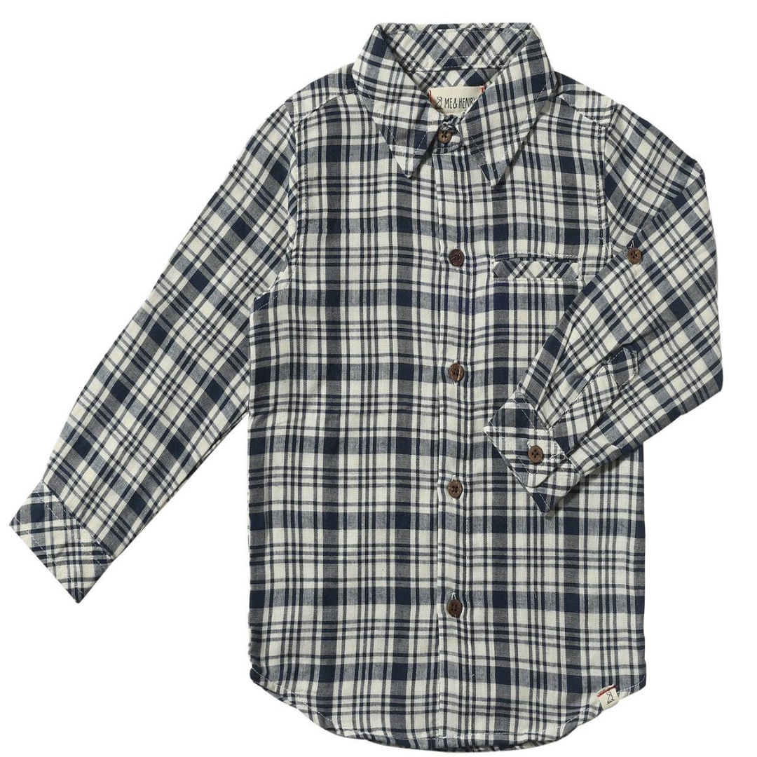 navy and white plaid long sleeve button down shirt