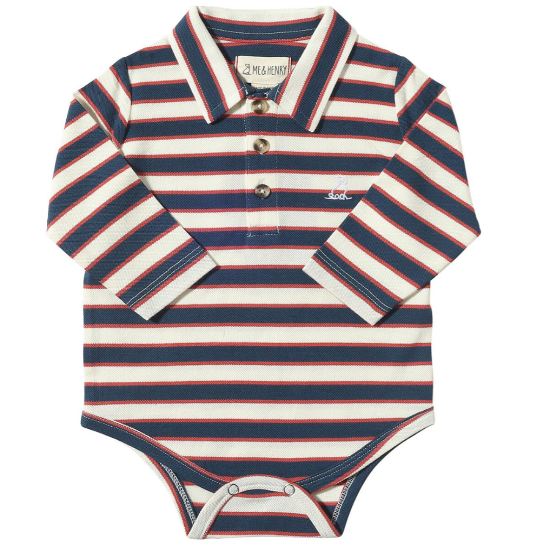 Cream, red, and blue striped polo onesie