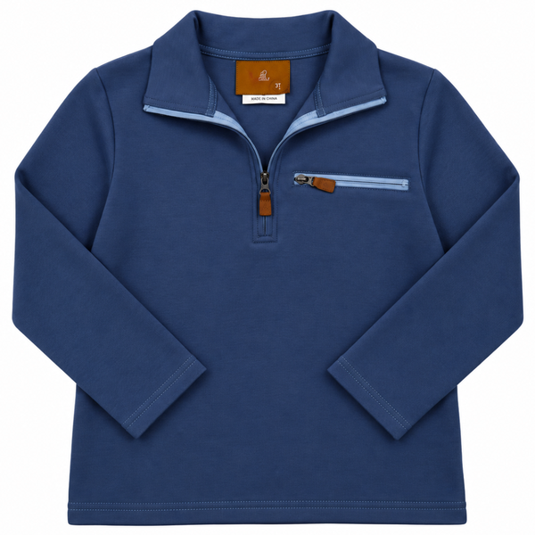 A navy blue long-sleeve quarter-zip pullover sweatshirt with a light blue zipper trim and a small brown leather accent on the zipper pull and chest pocket.