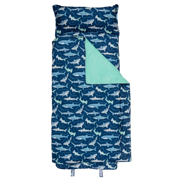 navy blue kids nap mat with shark print fabric
