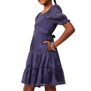 Navy bordering on purpelish triple layered chiffon dress with puff sleeves, elastic neckline and a  mock criss cross front waitstand with tie in the back