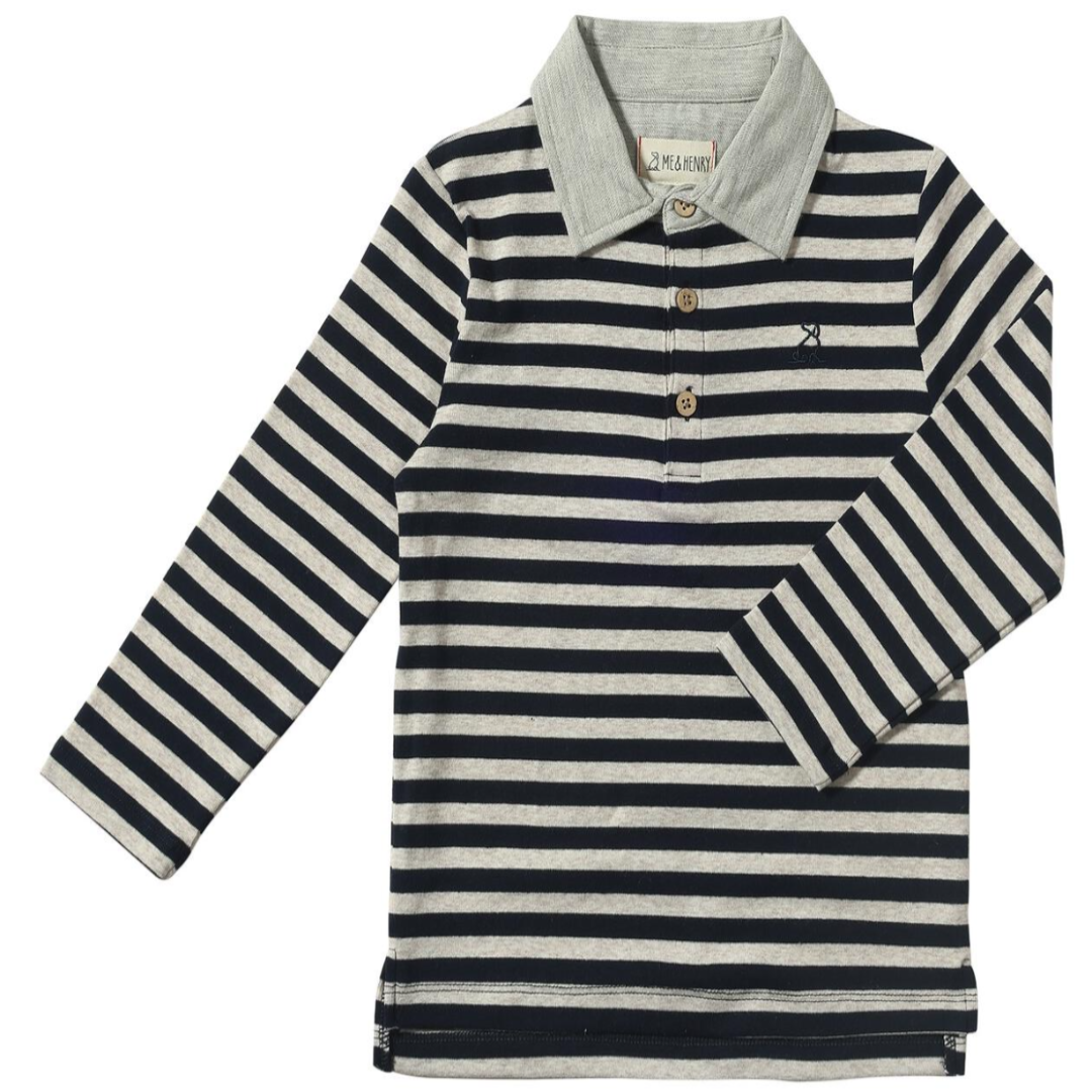 navy and beige striped polo