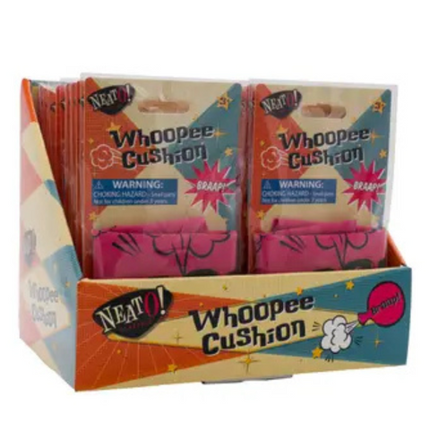 Pink whoopee cushion with comic-style "Braap!" design in retro packaging, made for kids ages 3 and up.