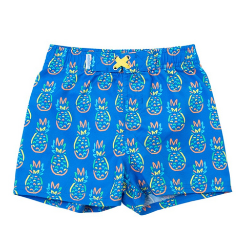 blue bottoms with pineapples on the swim trunks