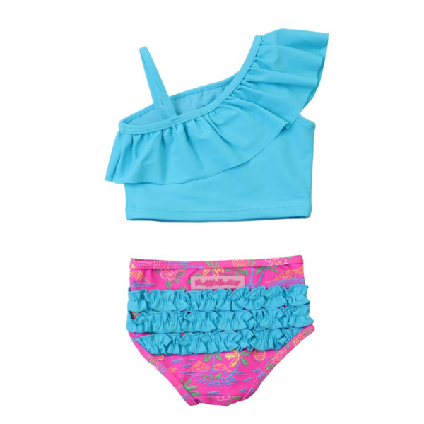 Blue one shoulder top with pink Hawaiian bottoms 