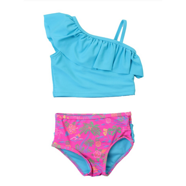 Blue one shoulder top with pink Hawaiian bottoms 