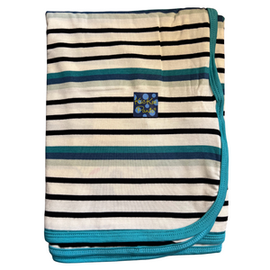 bamboo swaddle blanket with blue, cream and black stripes