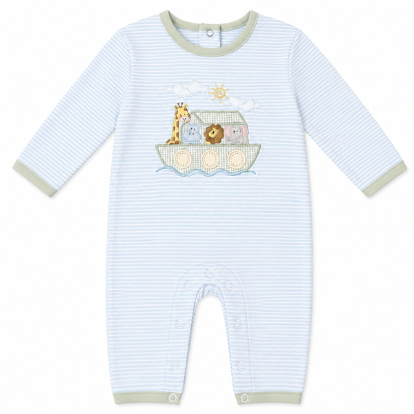 Baby blue striped romper with Noah’s Ark animal appliqué and soft green trim
