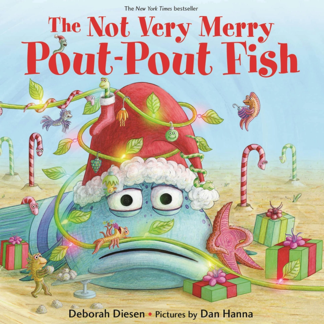 Cover of “The Not Very Merry Pout-Pout Fish” featuring Pout-Pout Fish in a Santa hat tangled in lights with sea creatures and holiday decorations.