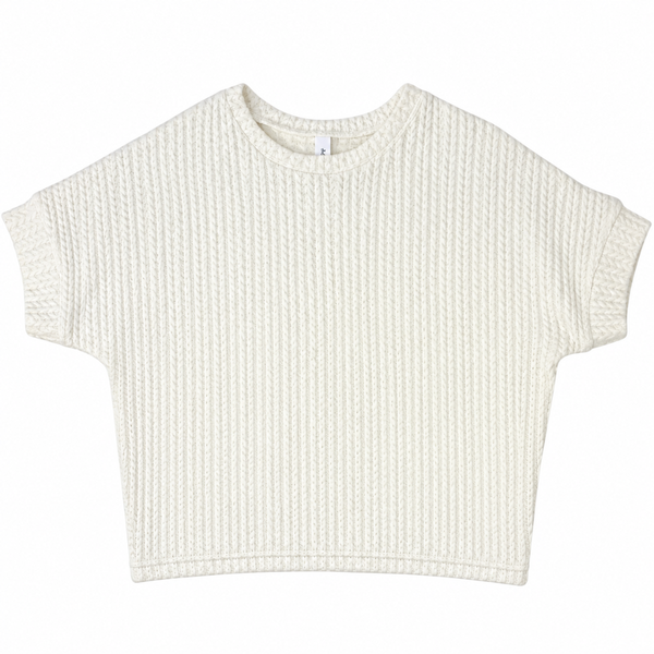 Girls short sleeve textured knit sweater top in taupe and cream with a relaxed fit on a white background.