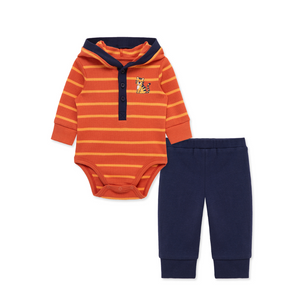Front view of baby boy tiger-themed outfit with striped hooded bodysuit showing embroidered tiger on the chest, paired with navy jogger pants.