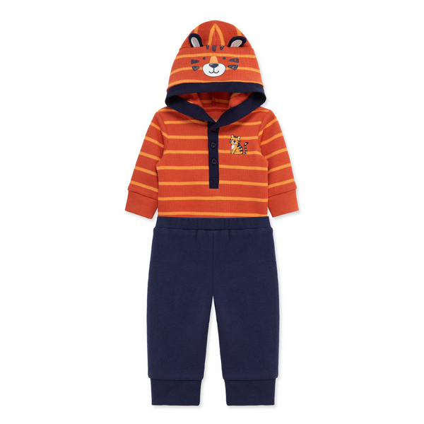 Full view of baby boy’s orange striped tiger bodysuit and navy joggers set, hood up to display the tiger face and ears.