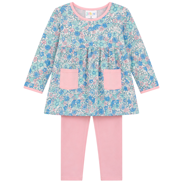 Girls floral long-sleeve tunic with pink front pockets paired with matching pink leggings.