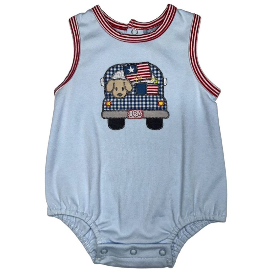 blue short sleeve fourth of july boy bubble with truck applique