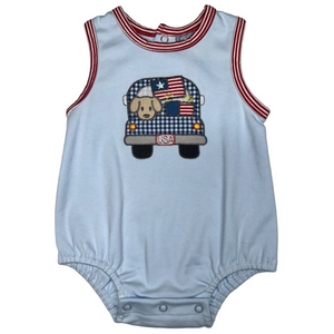 blue short sleeve fourth of july boy bubble with truck applique