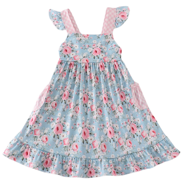 Blue floral dress with pink gingham flutter sleeves, patch pockets, and ruffle hem—perfect for spring and summer outings.