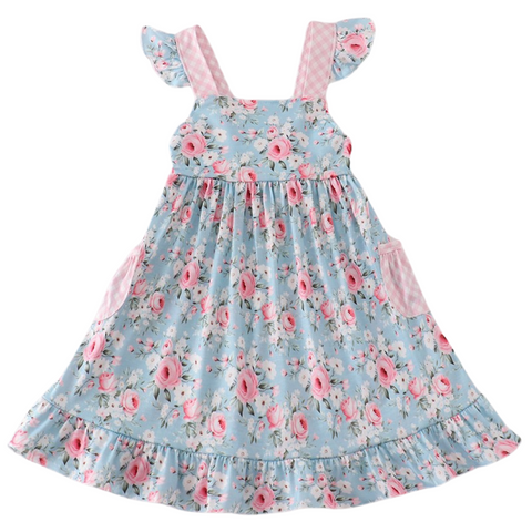 Blue floral dress with pink gingham flutter sleeves, patch pockets, and ruffle hem—perfect for spring and summer outings.