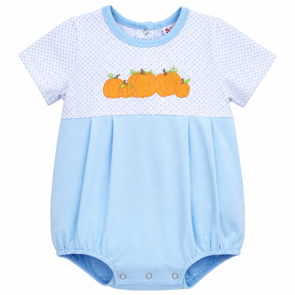 JellyBean baby bubble romper with pumpkin patch appliqué, white dot yoke, and powder blue snap-bottom body