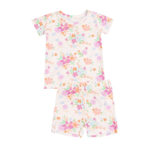 orange, pink, purple, blue, and green floral print shirt and short set. 