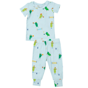 Blue loungewear set with pickles playing pickle ball