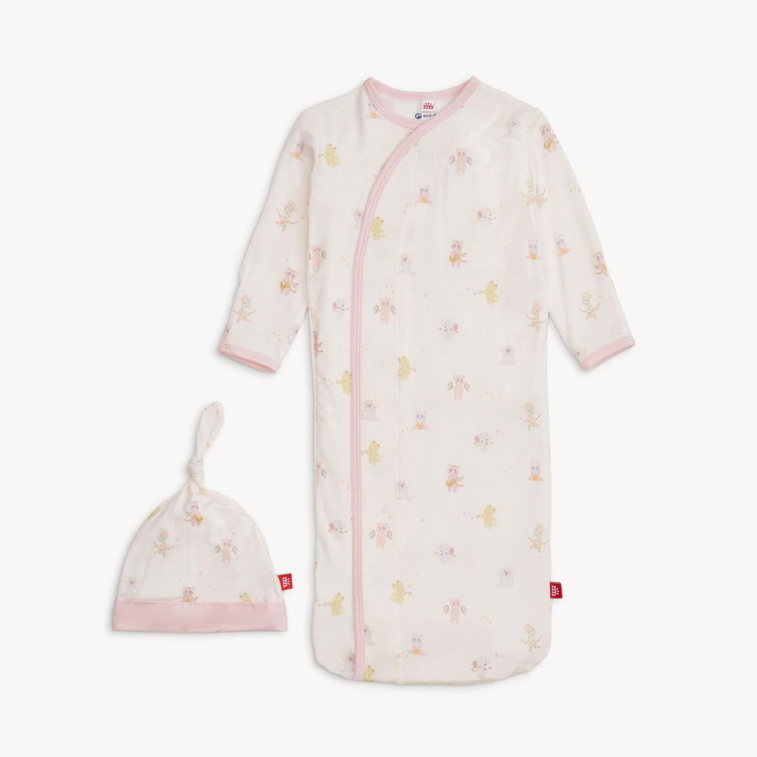 Soft TENCEL™ modal baby gown with matching hat, magnetic closure front, fold-over mittens, and closed bottom for warmth.