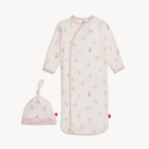 Soft TENCEL™ modal baby gown with matching hat, magnetic closure front, fold-over mittens, and closed bottom for warmth.