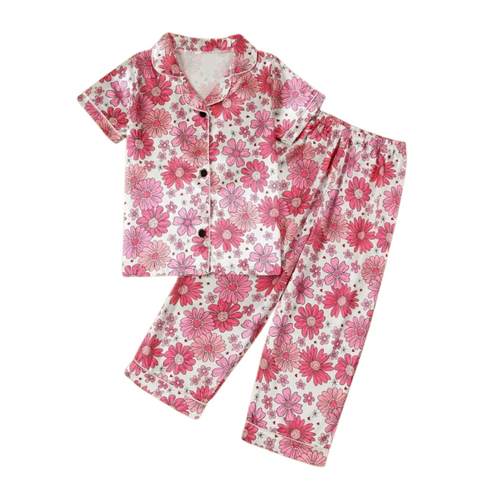 pink floral print satin shirt and pant set. 