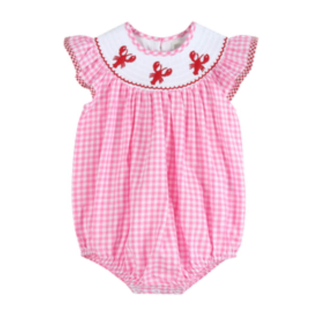 pink gingham bubble with red smocked crawfish