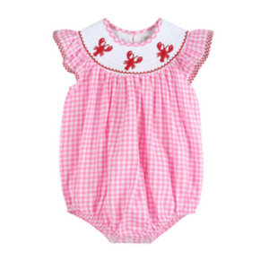 pink gingham bubble with red smocked crawfish