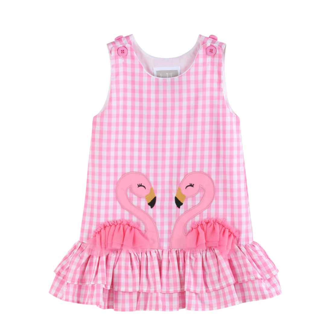 Pink Gingham Flamingo Tulle Ruffle Dress