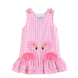 Pink Gingham Flamingo Tulle Ruffle Dress