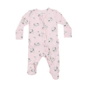 Pink ruffle footie with grey elephants