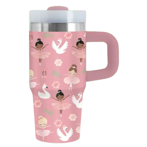  Pink insulated stainless steel tumbler with swan, ballerina, and floral design and a matching pink handle.
