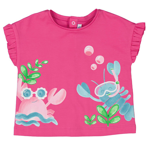 hot pink t-shirt with a crab and a lobster graphic. has ruffle sleeves
