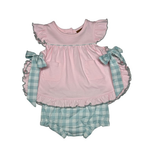 pink shirt with ruffle sleeves and pockets on the front and matching blue and white gingham bloomers. the side of the shirt has blue gingham bow ties. 