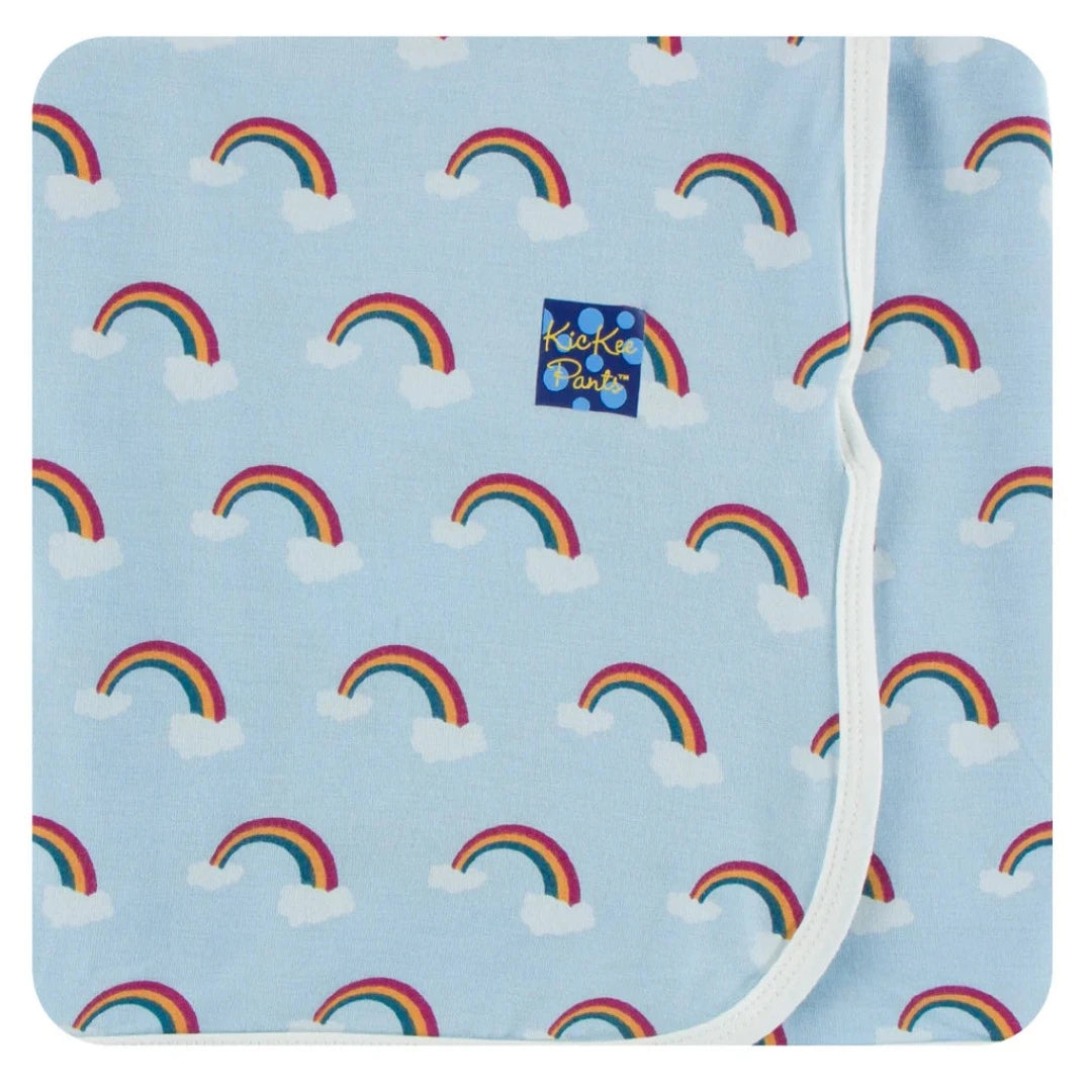 40" x 29" bamboo swaddle blanket, light blue background with cloud and with red yellow and green rainbows